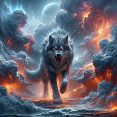 Primary subject: A wolf with a red tongue and a glowing red background.

Setting/background: The wolf is standing on a cloudy, red-tinged surface, which appears to be a volcano.

Visual style: The image is a digital art or illustration, featuring a detailed wolf and a dramatic, fiery backdrop.

Colors and mood: The dominant colors are red and orange, creating a fiery and intense atmosphere. The wolf's red tongue